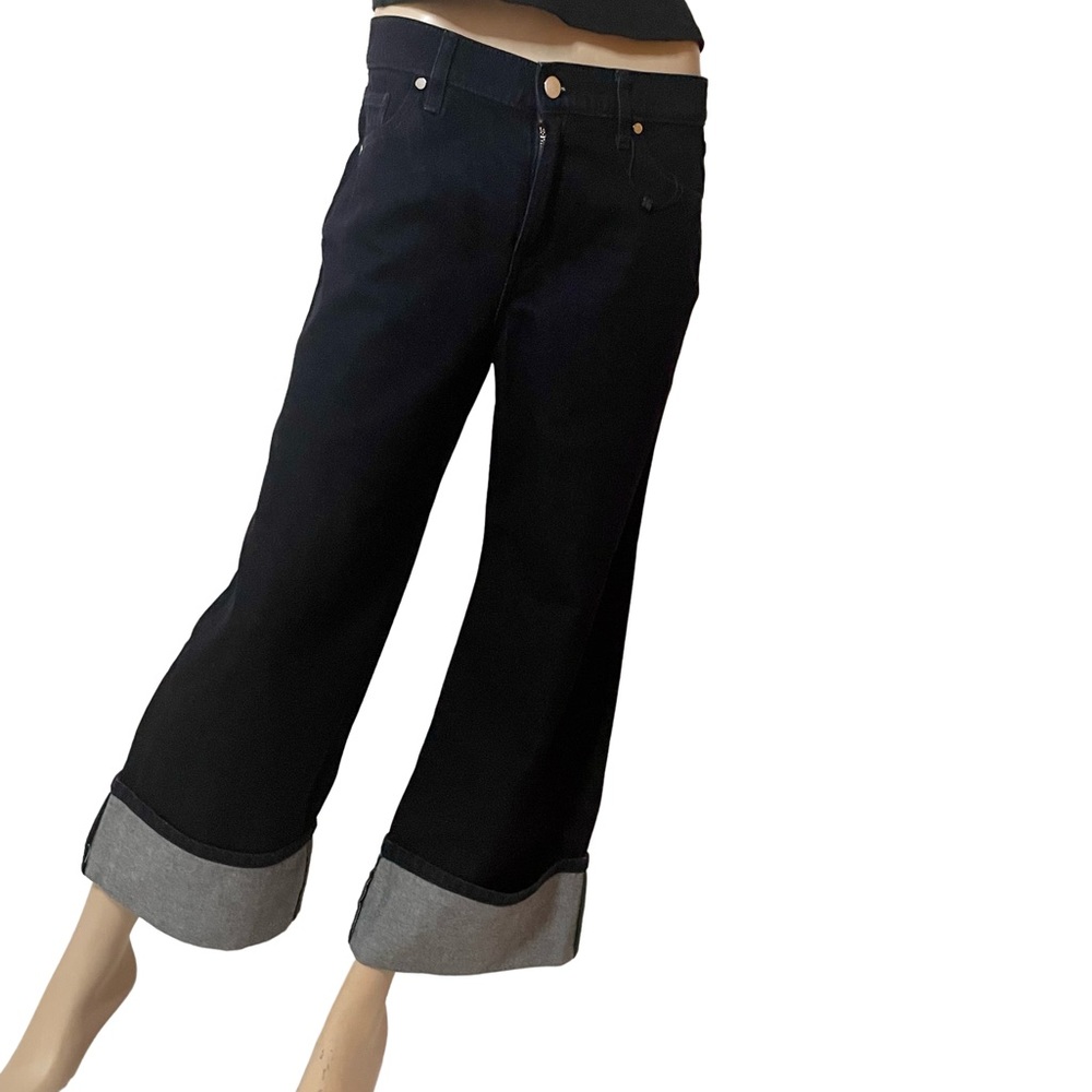 BCBGMaxAzria Black Cropped Wide-Leg Jeans with Gray Cuffs